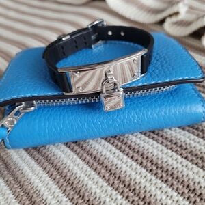 Michael Kors Black Leather Bracelet with Silver Plaque